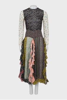 Silk dress with combined print