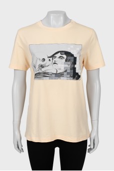 Beige T-shirt with print and embroidery