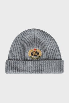 Gray hat with branded print