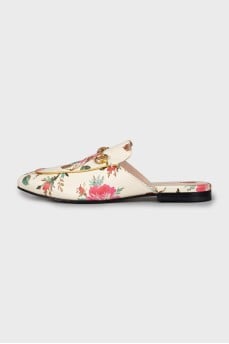 Leather mules with floral print