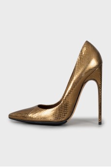 Gold-tone shoes with embossed leather