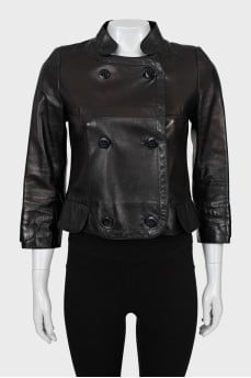 Cropped Leather Jacket with Buttons