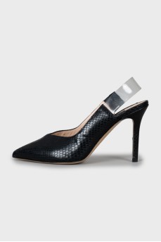 Black slingbacks with embossed leather