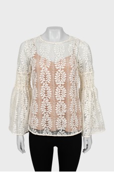 Guipure blouse with voluminous sleeves