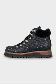 Insulated leather boots with rhinestones