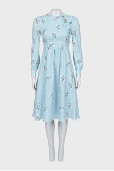 Blue silk dress with long sleeves