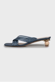 Blue leather mules with a figured heel