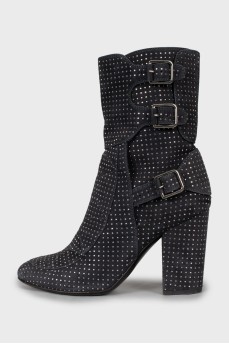 Grey suede ankle boots with rhinestones