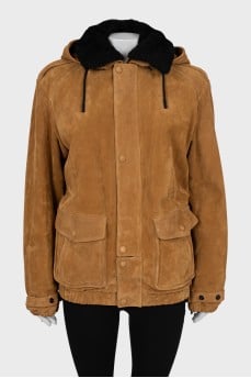 Brown sheepskin coat with a hood