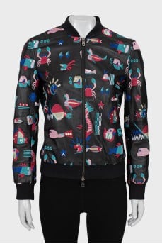 Leather bomber jacket decorated with embroidery