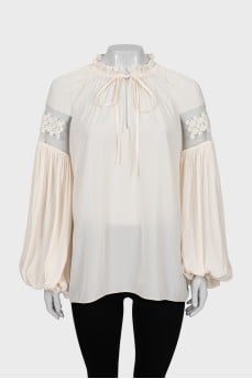 Beige blouse with mesh inserts