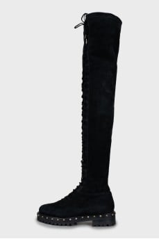 Black suede lace up over the knee boots