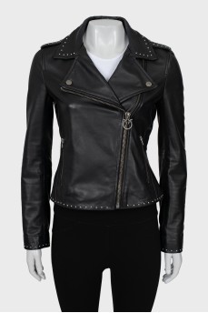 Leather jacket with metal rhinestones