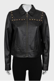 Leather jacket with metal rhinestones