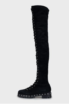 Black suede lace-up over-the-knee boots