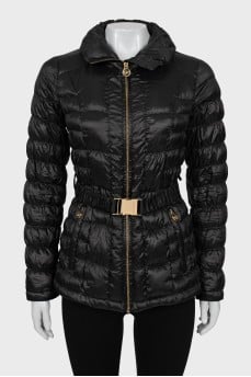 Black quilted down jacket with belt