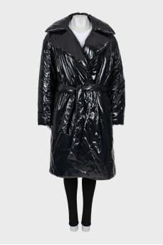 Patent leather down jacket with belt and tag