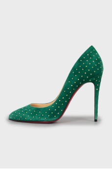 Suede shoes with golden rhinestones