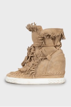 Suede Wedge Ankle Boots with Fringe
