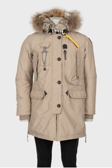 Men's beige parka with tag