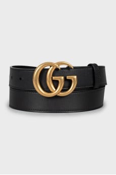 Black leather belt with gold logo