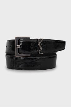 Patent leather belt with brand logo