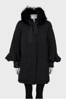 Black down jacket with fur collar