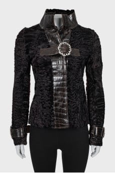 Fitted sheepskin coat decorated with rhinestones