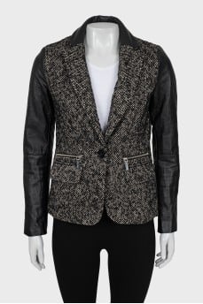 Fitted jacket in tweed and leather