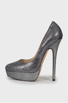 Silver leather stiletto heels