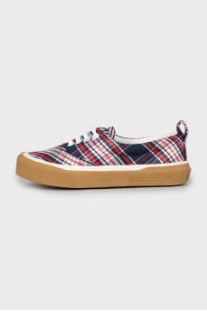 Checkered sneakers with brown soles