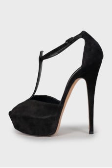 Black suede high heel sandals