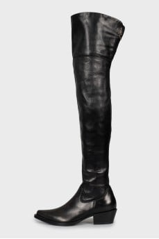 Leather over the knee boots with a beveled heel