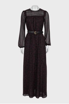 Mesh dress with belt in print