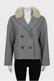 Double-breasted half-coat with removable fur