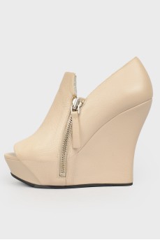 Beige Leather Wedge Pumps