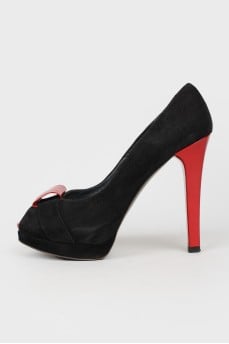 Black Suede Pumps with Red Heel