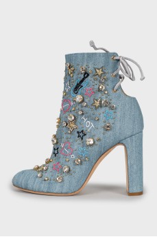 Denim ankle boots with crystals