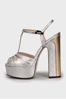 Silver leather heeled sandals