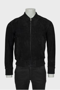 Men's black leather bomber jacket
