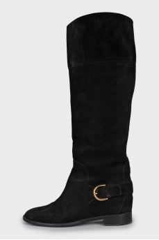 Suede boots with gold buckles