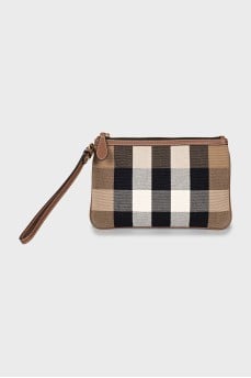 Clutch with branded print and tag