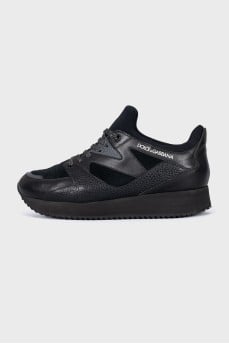 Black leather and textile sneakers