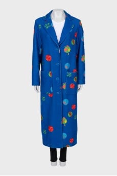 Blue printed wool coat