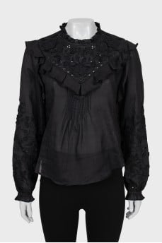 Black blouse with embroidery and frills