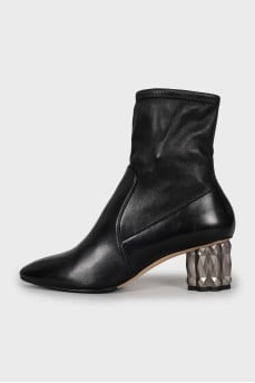 Leather ankle boots with silver heels