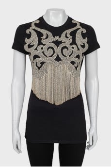 T-shirt with rhinestones and fringe