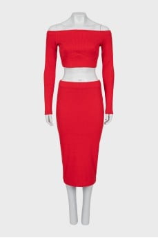 Red suit with skirt and top