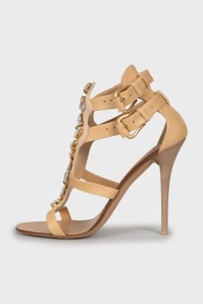 Leather crystal heeled sandals