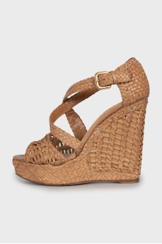 Woven leather wedge sandals